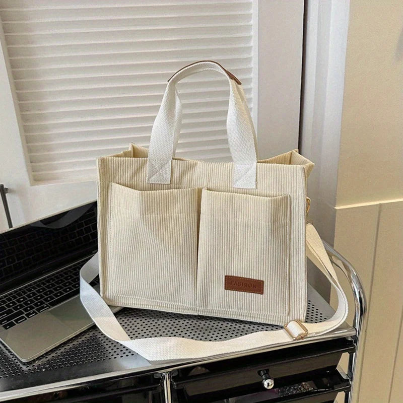 Designer Corduroy Tote Bag Beige