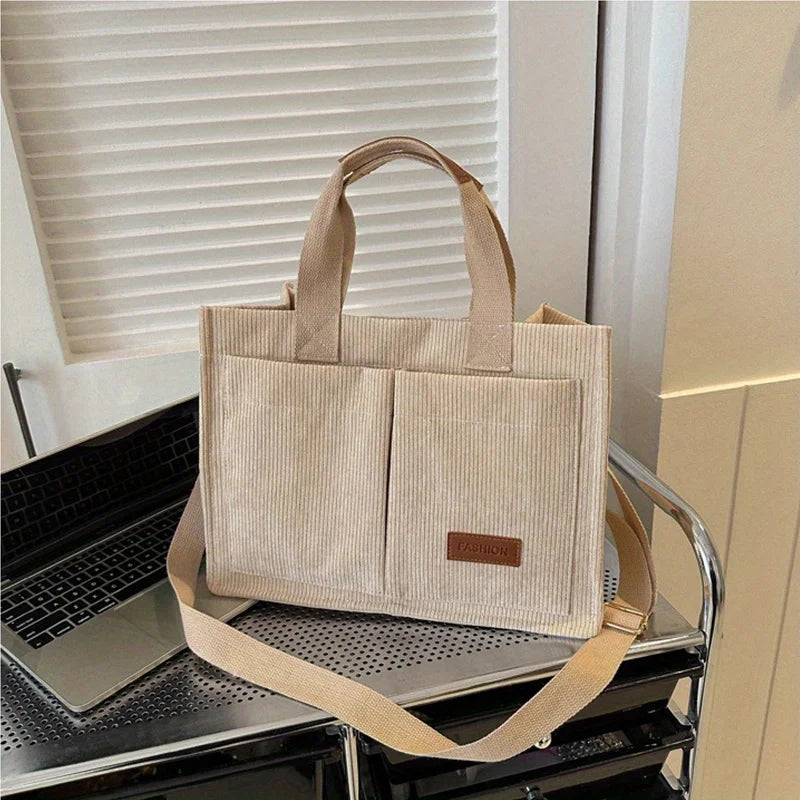 Designer Corduroy Tote Bag Khaki