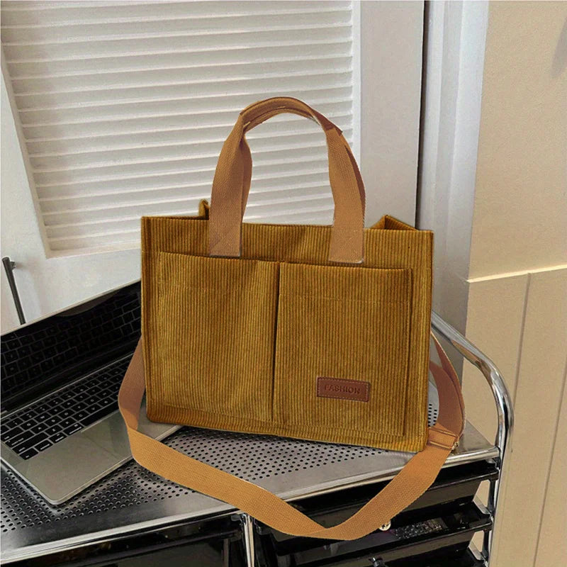 Designer Corduroy Tote Bag Brown