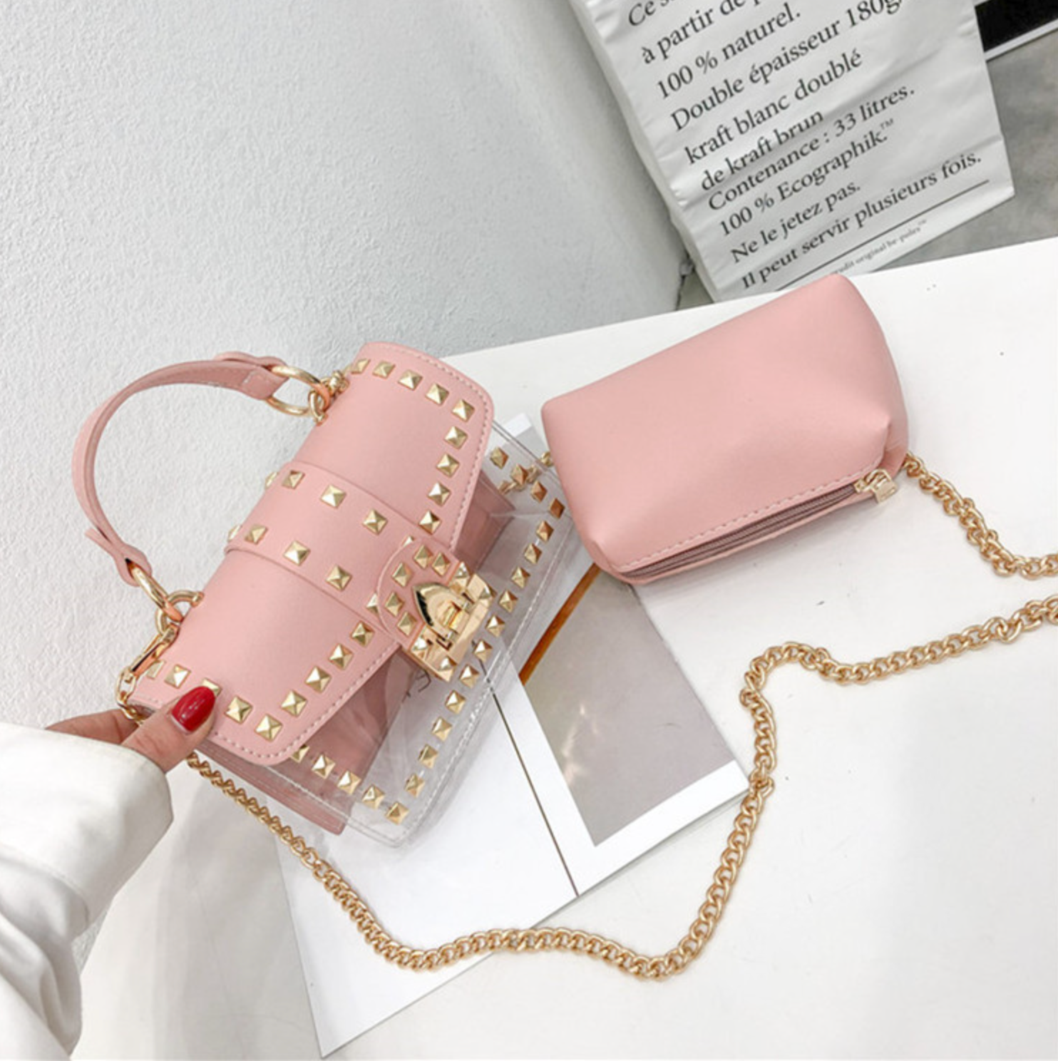 Golden Rivet Handbag Pink