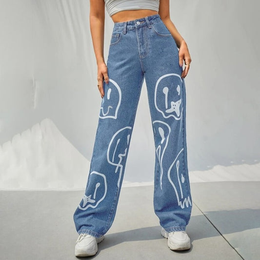 Oversized Smile Denim Pants Blue