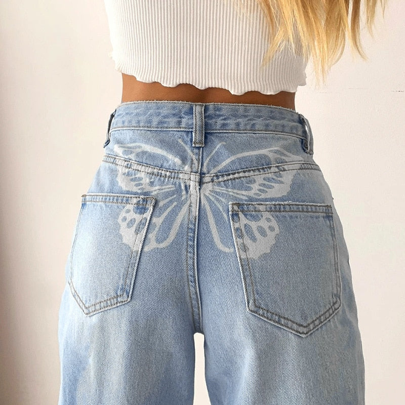 Butterfly Print Denim Jeans