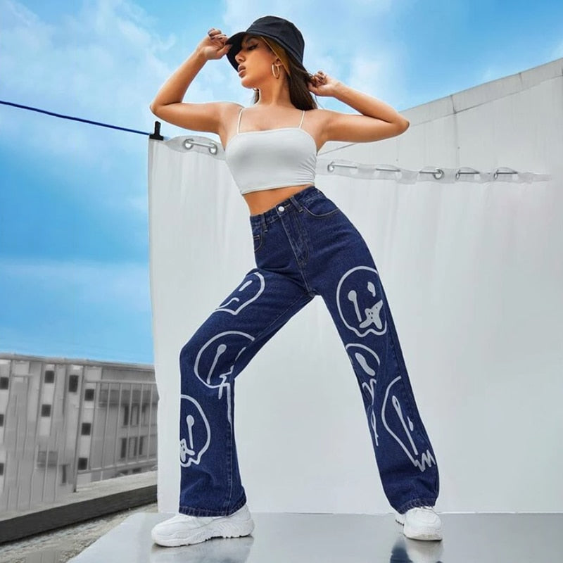 Oversized Smile Denim Pants Deep Blue