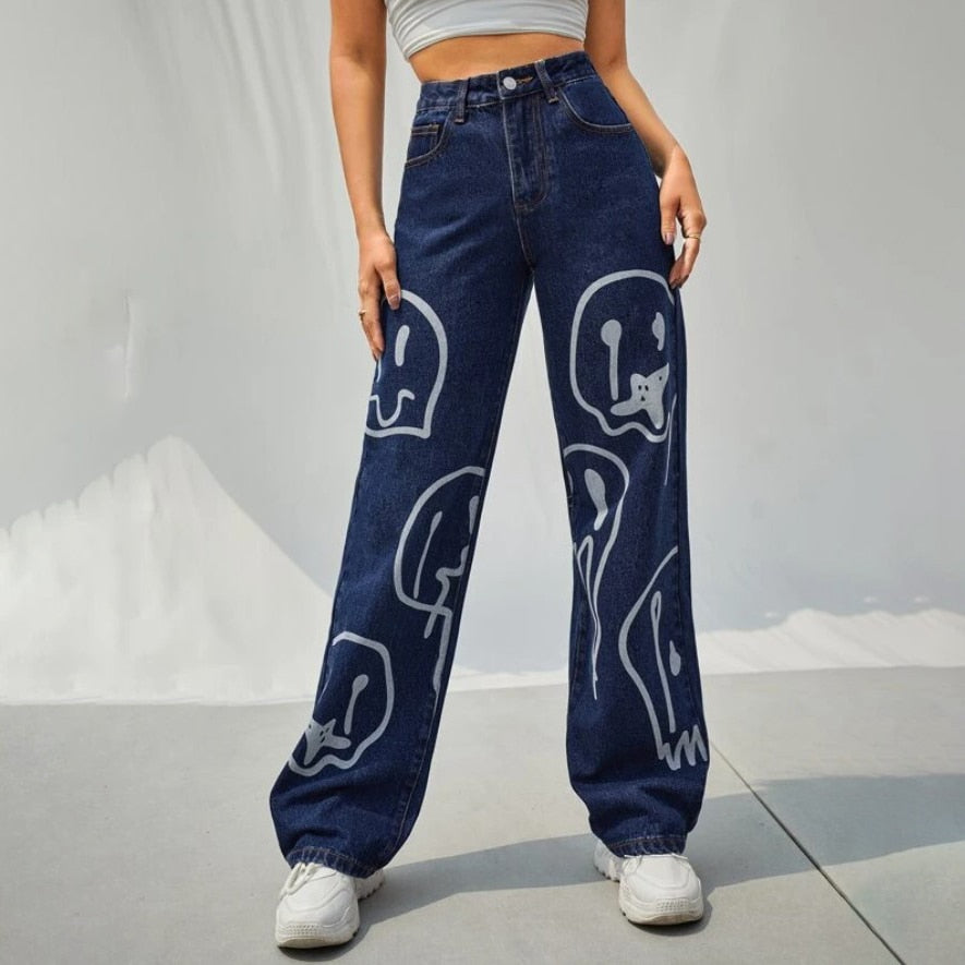 Oversized Smile Denim Pants Black